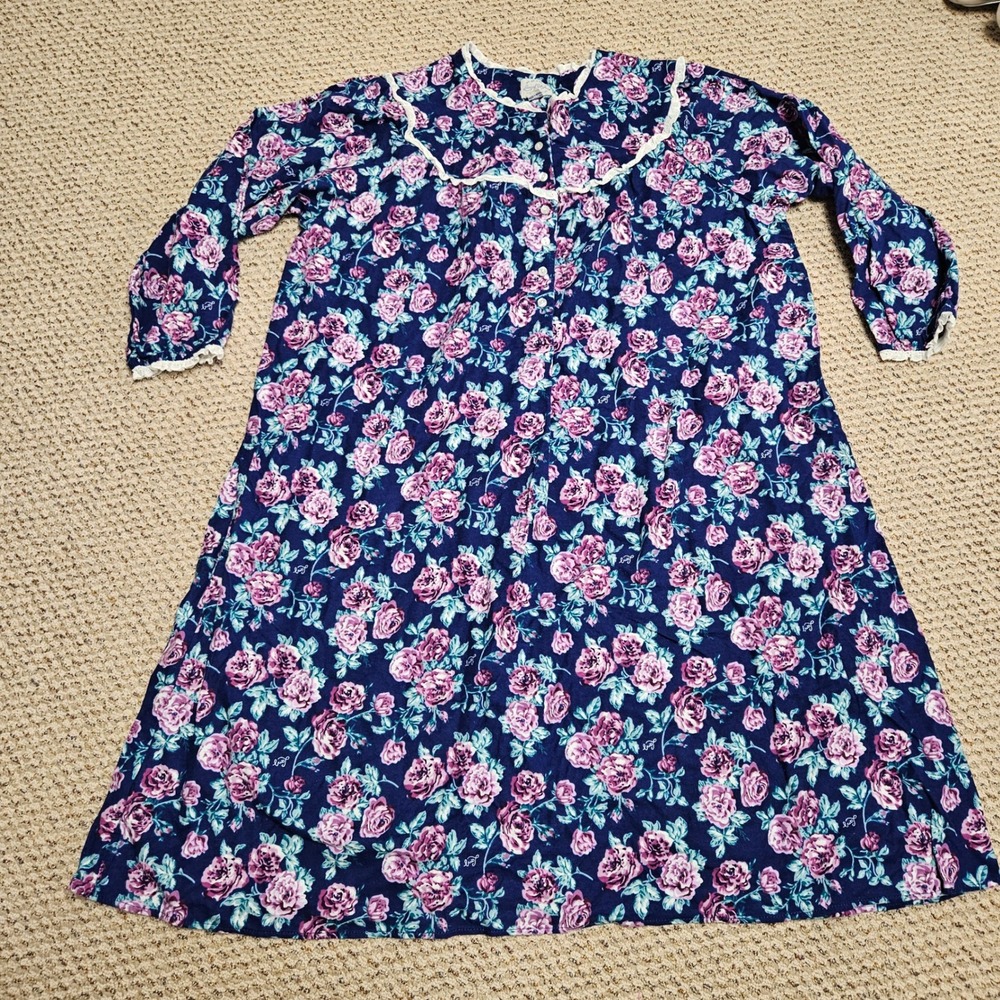 Lanz of Salzburg Womens 1X Blue Pink Floral Cotton Flannel Nightgown Lace Trim